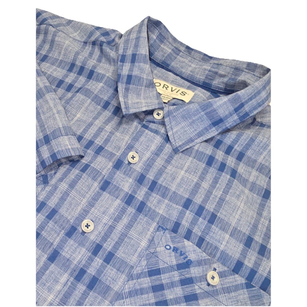 Orvis Tech Shirt  Men's XL‎ Blue Plaid UPF 30+ Quick Dry Short Sleeve Stretch